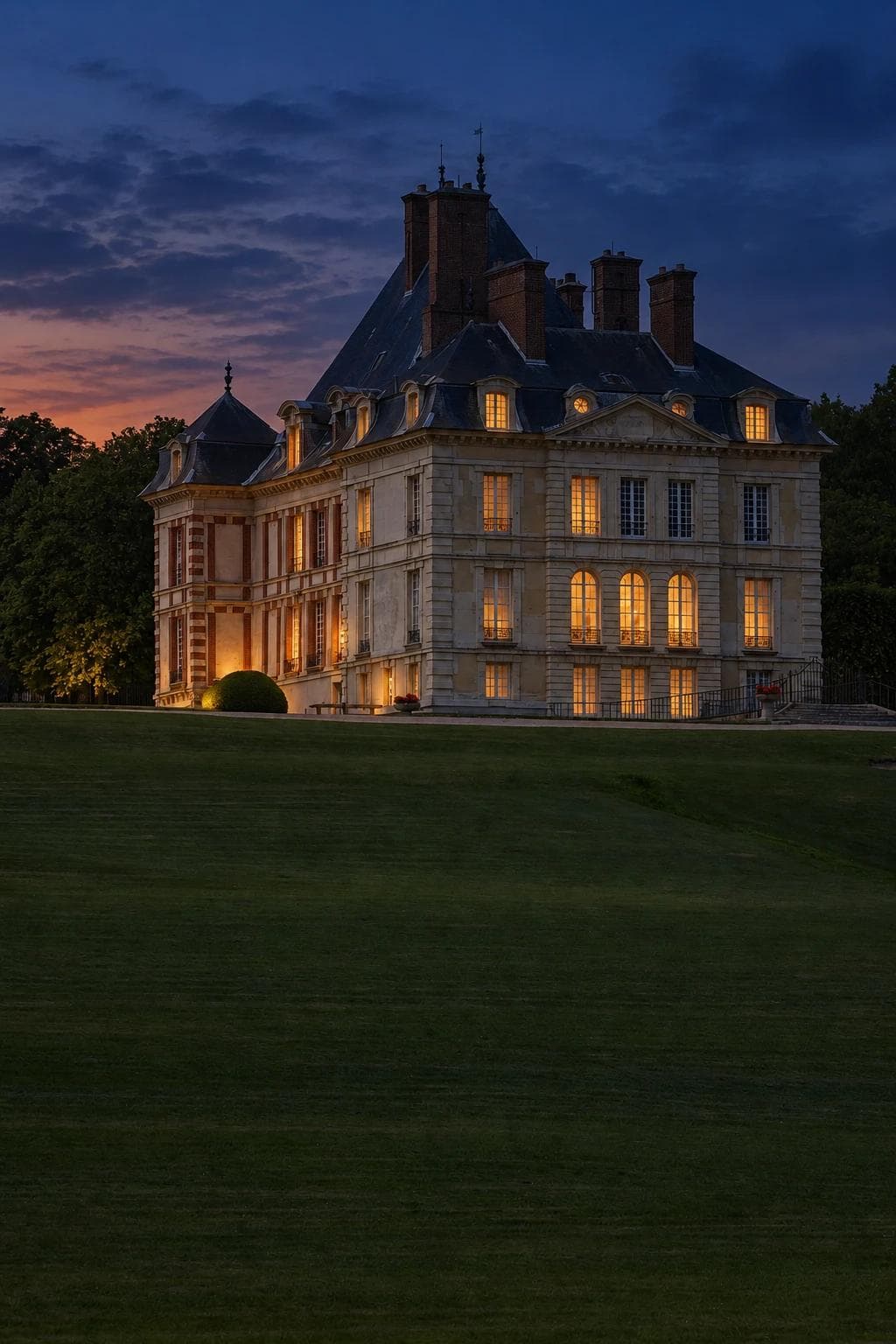 A château façade with lit windows at dusk