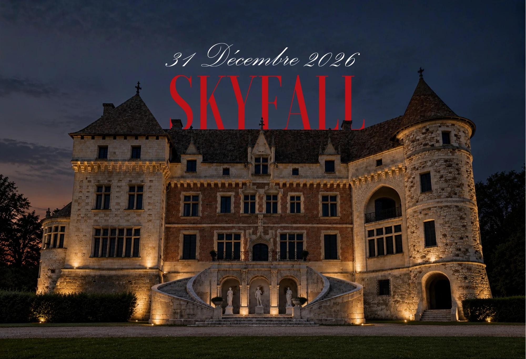 The château lit at night, beneath the words Skyfall and the date 31 December 2026