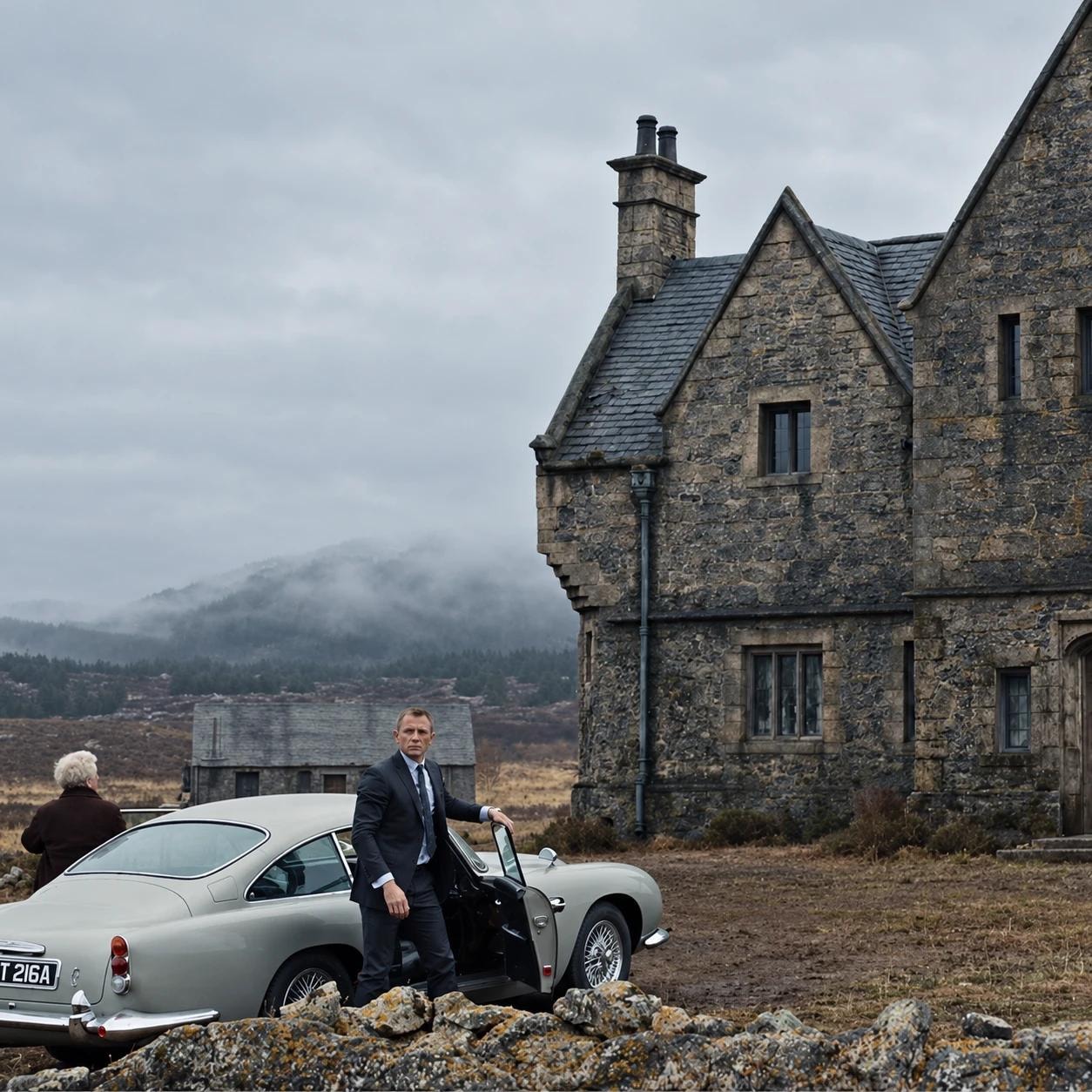 A man in a dark suit by a stone manor and a vintage car