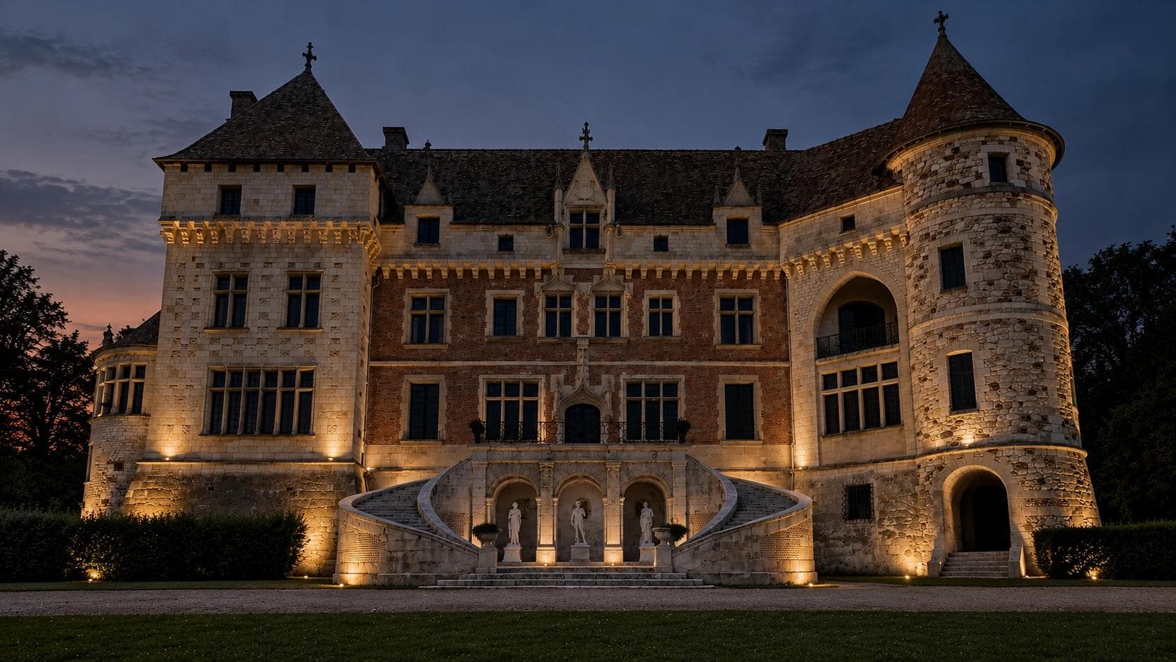 A château façade lit at nightfall